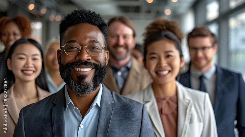 Group portrait of a happy smiling diverse business people at work in office. Staff and company employees men and women looking cheerful at the camera during a meeting or a conferenc Group portrait of a happy smiling diverse business people at work in office. Staff and company employees men and women looking cheerful at the camera during a meeting or a conferenc