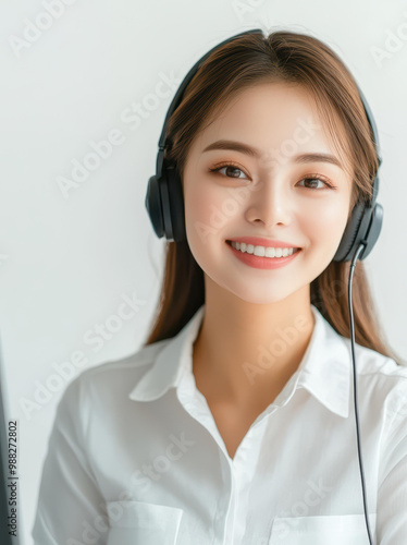 A friendly customer service representative in a white shirt, smiling and engaged, epitomizes professionalism in a serene setting.