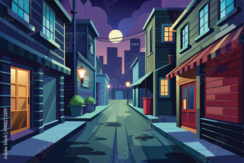 A dark alley bathed in moonlight, featuring colorful buildings, streetlamps, and a hint of urban life in a quiet night atmosphere.