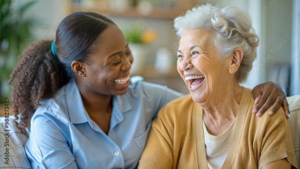 Fototapeta premium Laughter in Care - An elderly Black woman enjoying a happy moment with her nurse. 