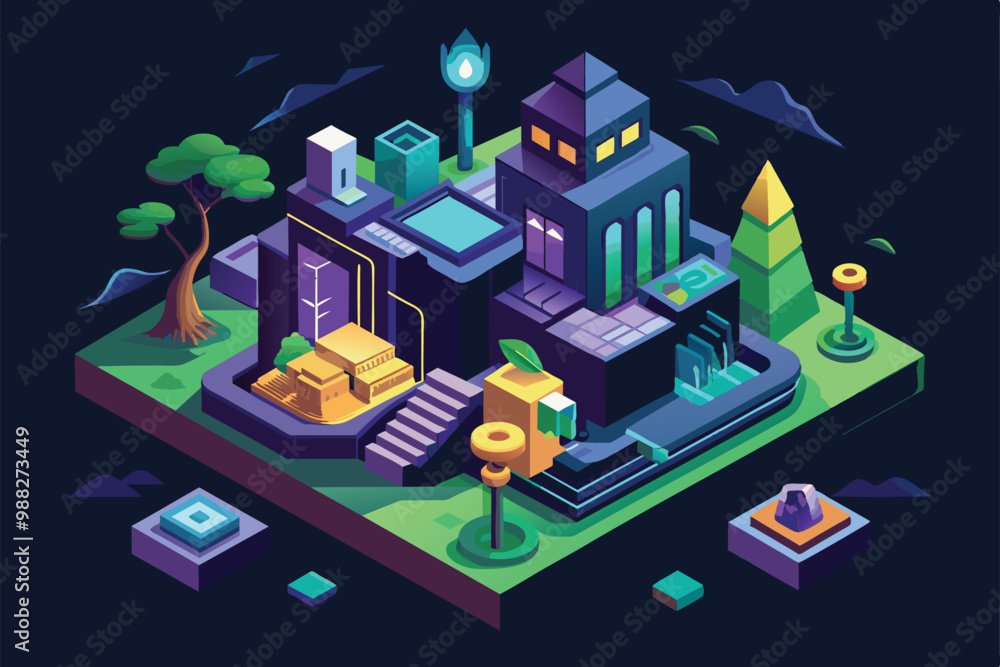 Obraz premium An artistic representation of a modern urban environment at night, showcasing abstract buildings and trees in a customizable dark mode.