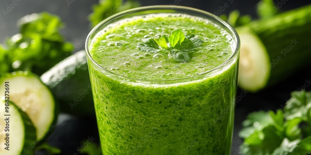 Vibrant green smoothie in a glass, fresh ingredients softly blurred in the background, healthy and refreshing beverage showcase Vibrant green smoothie in a glass, fresh ingredients softly blurred in the background, healthy and refreshing beverage showcase