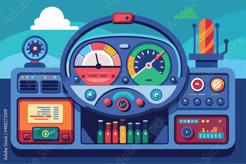 A vibrant cartoon dashboard with various colorful gauges, buttons, and displays, ideal for customization in a playful design.