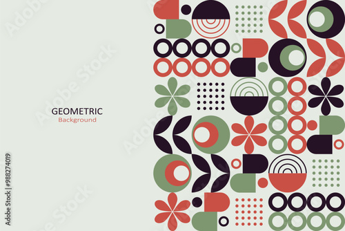 Abstract flat geometric pattern with a mix of circles, semi-circles, lines, and dots in brown, orange, green, and beige.