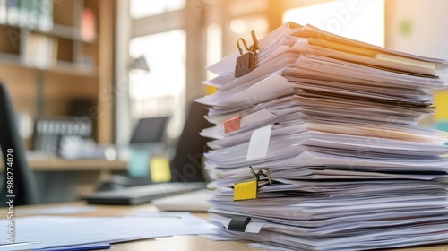 Organized Office Workspace with Stacks of Paper Documents