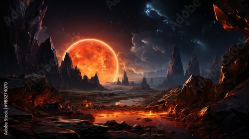 オレンジに光る惑星と岩山の風景イラスト,Generative AI AI画像