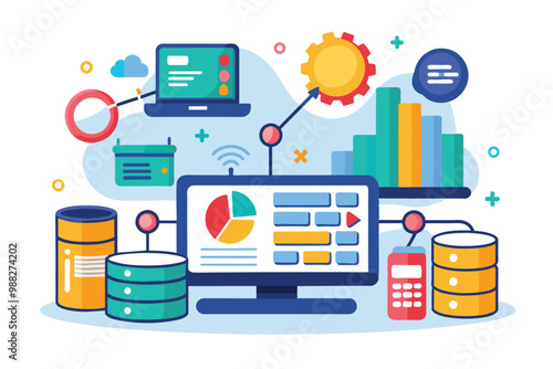 A vibrant display of data analysis concepts featuring charts, computers, and databases for effective database management and visualization.