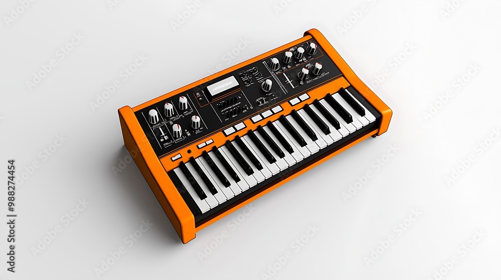 An orange synth keyboard stands bold and isolated, its vibrant hue capturing attention. An orange synth keyboard stands bold and isolated, its vibrant hue capturing attention.