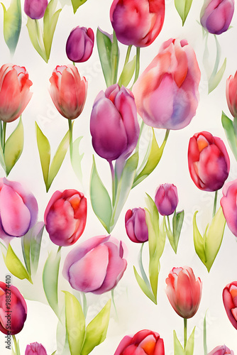 watercolor boho tulips in a seamless pattern, a vintage-inspired floral design perfect for fabric prints, cards, and home decor