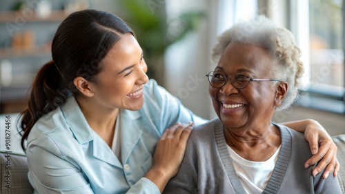 Heartfelt Care - An elderly Black woman radiating happiness in a supportive setting. 