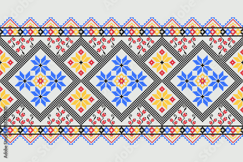 Cross stitch pattern concept. Cross stitch pattern showcasing traditional ethnic geometric pattern, Design for textile, background,carpet,wallpaper,clothing,wrapping,Batik,fabric,Vector illustration.