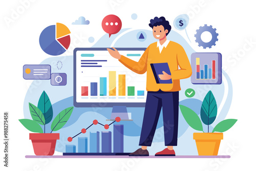 A data analyst presents visualized data and insights in a contemporary workspace, engaging the audience with effective communication techniques.