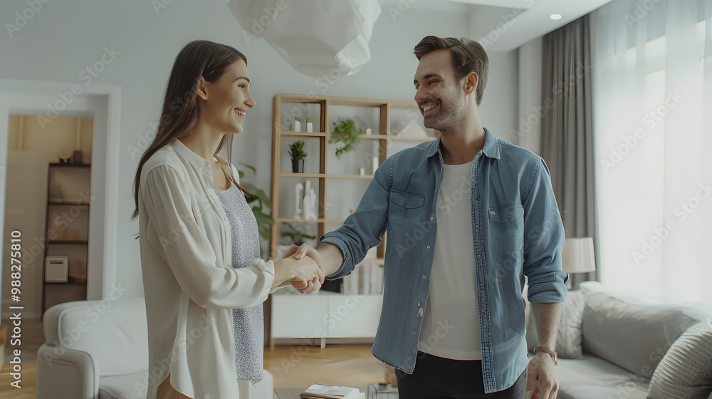 Happy couple buying house. Man and woman standing in modern white light living room and shaking hands with real estate agent. Young family buy property, make deal and exchange hands Happy couple buying house. Man and woman standing in modern white light living room and shaking hands with real estate agent. Young family buy property, make deal and exchange hands