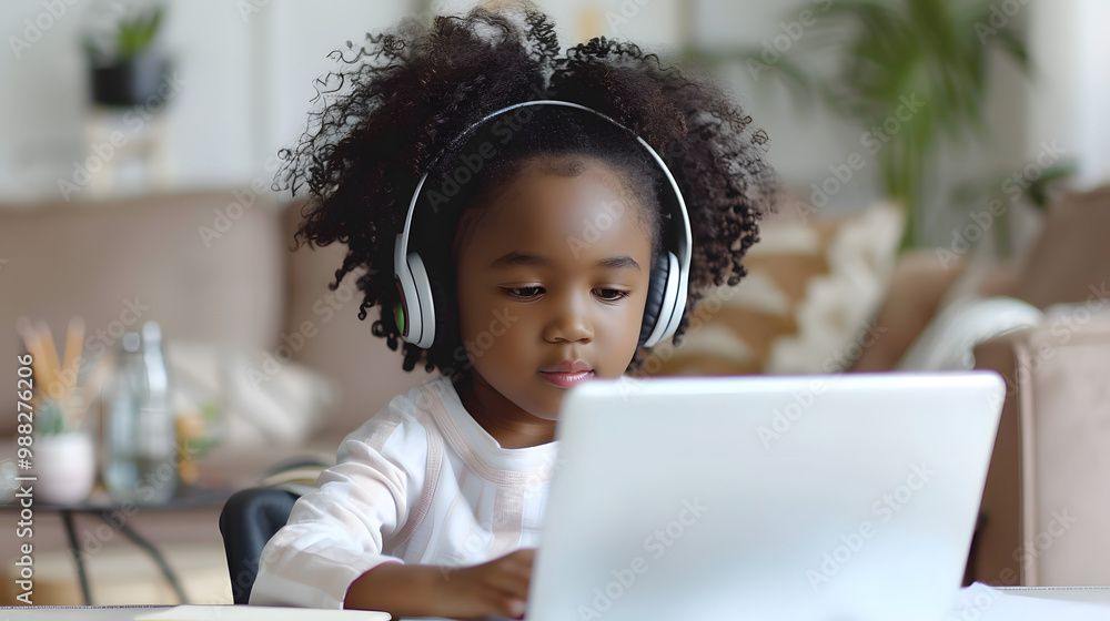 Happy elementary school child studying online. African American student ...