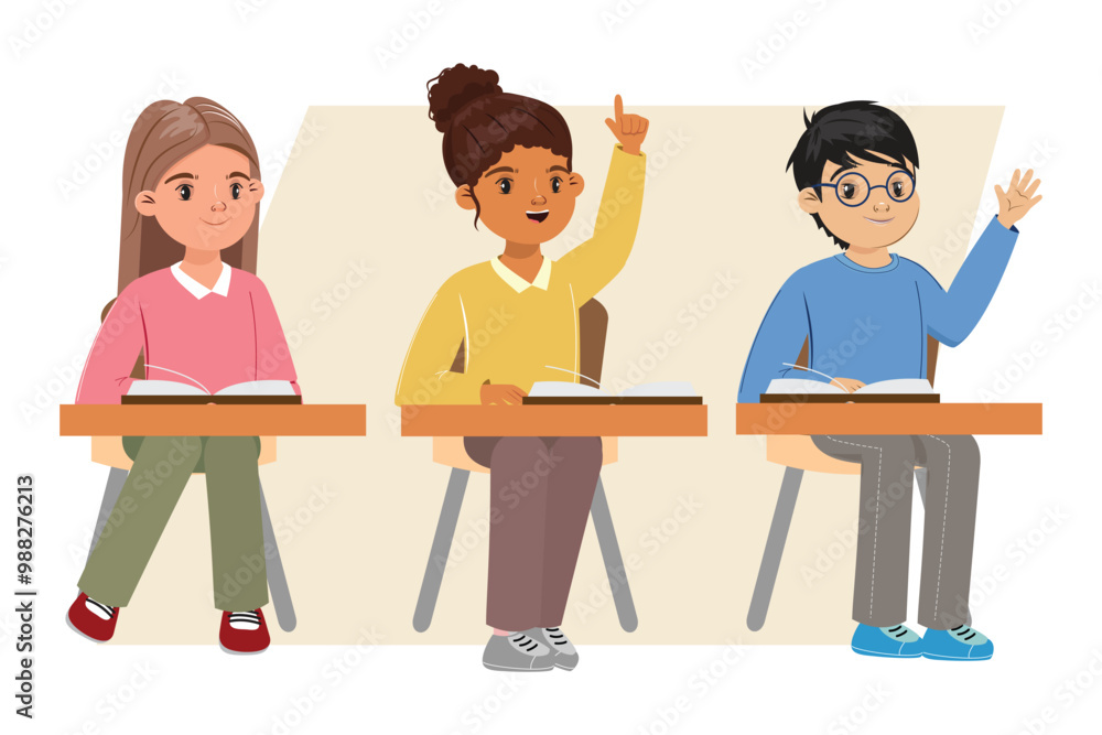 Three students at desks, engaged in learning, girl with raised finger, boy with glasses raised a hand Three students at desks, engaged in learning, girl with raised finger, boy with glasses raised a hand