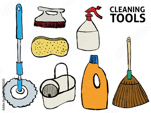 set of colored cleaning tools, bathroom and floor cleaner, sponge, brush, detergent, broom and mop