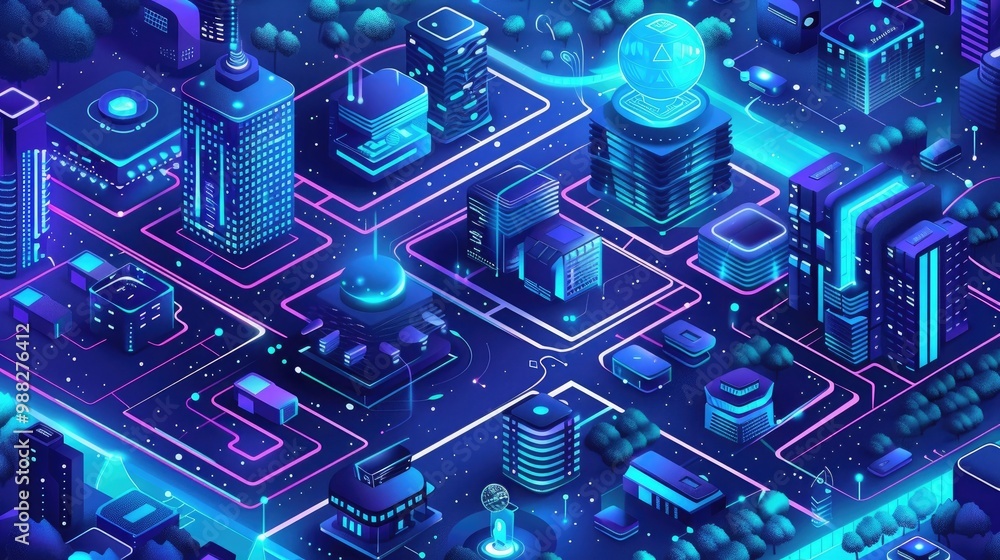Isometric illustration of a smart city with futuristic technology. Isometric illustration of a smart city with futuristic technology.