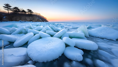 Magnificent Ice Scenery of Xingkai Lake at Sunrise, a Perfect Blend of Nature and Ice. photo