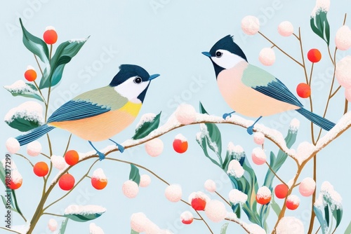 Illustration of two titmouse birds perched on branches adorned with snow in a winter garden scene