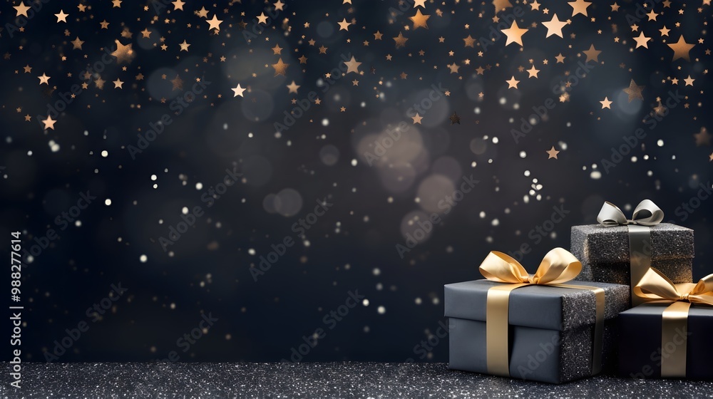 Fototapeta premium Black Present with Gold ribbon on black background copy space for text banner, Black Friday, Merry Christmas background product mockup HD gold confetti 