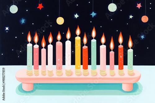 Menorah with Burning Candles Surrounded by a Starry Night Sky