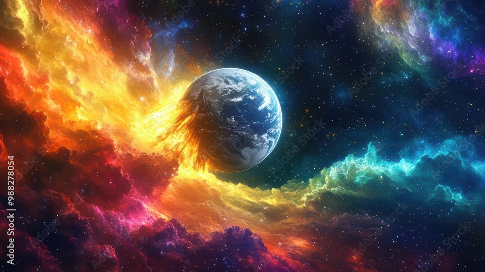 Obraz premium A stunning cosmic scene showcasing Earth amidst vibrant nebulae and swirling colors that illuminate the vastness of space.