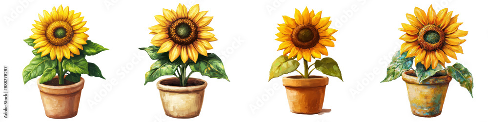 Obraz premium Beautiful sunflowers planted in rustic terracotta pots blooming brightly in a lush garden setting The vibrant yellow petals and green foliage create a cheerful natural and serene scene
