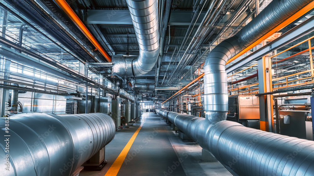 Industrial facility with large metal pipes and ductwork Industrial facility with large metal pipes and ductwork