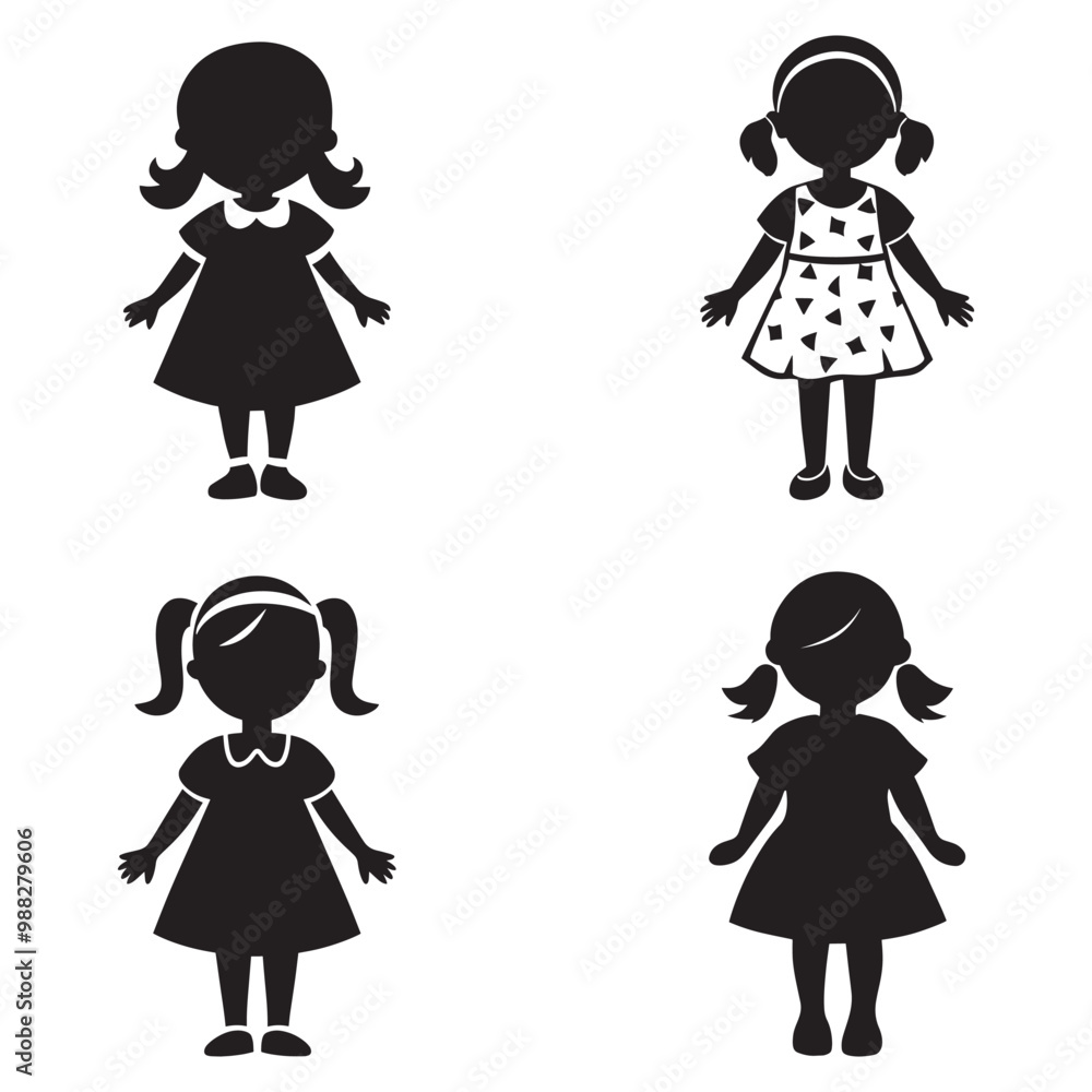 Black and white vector silhouettes set of little girl Black and white vector silhouettes set of little girl