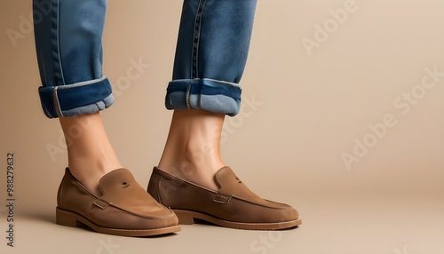 Effortless Style of Casual Female Legs in Rolled Up Jeans and Brown Suede Flats on a Soft Beige Background