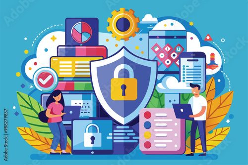 A vibrant visual representation of data protection themes with diverse technology icons symbolizing privacy and security in a digital landscape.