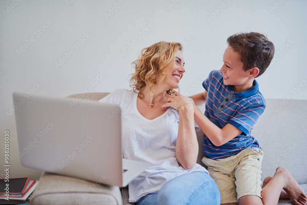 Mother, laptop and happy boy for bonding, relax and playing together on sofa with connection in apartment. Woman, smile and son for fun weekend, streaming or movie on couch in home with technology Mother, laptop and happy boy for bonding, relax and playing together on sofa with connection in apartment. Woman, smile and son for fun weekend, streaming or movie on couch in home with technology