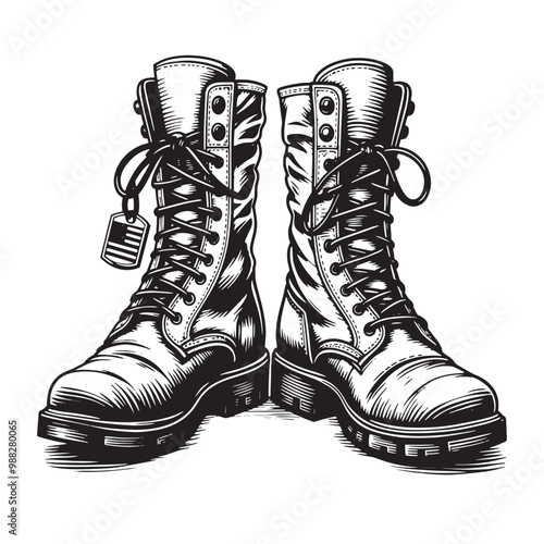 Sketch A pair of military boots with laces on them. Vector illustration
