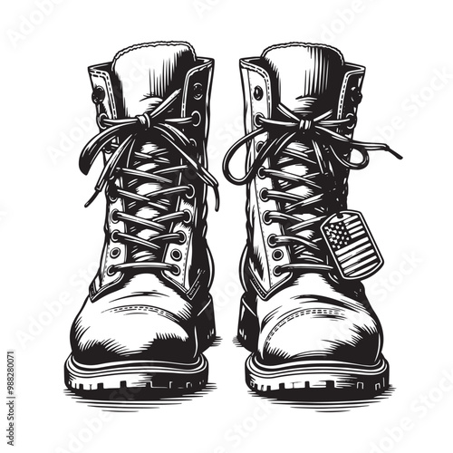 Sketch A pair of military boots with laces and a tag. Vector illustration