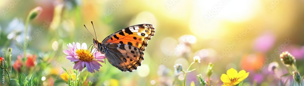 Obraz premium A butterfly is flying over a field of flowers