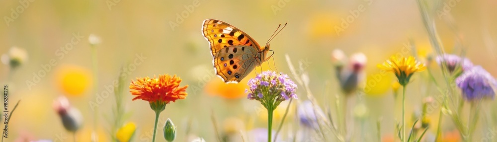 A butterfly is flying over a field of flowers A butterfly is flying over a field of flowers