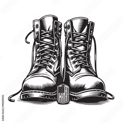 Sketch A pair of military boots with a badge on them. Vector illustration