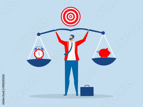 Long term investing or savings for retirement fund, businessman balance  scale between time on alarm clock with his savings for retirement.