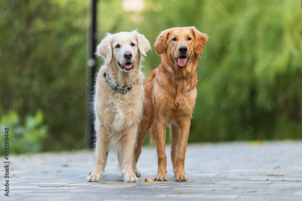golden retriever and English springer spaniel in the park. a group of dogs golden retriever and English springer spaniel in the park. a group of dogs