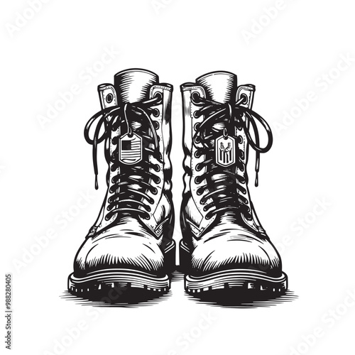 Sketch a pair of military boots on a white background Vector illustration