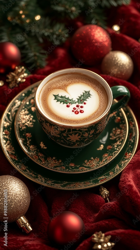 Christmas cup of coffee with latte art on a festive set table, maximalist, flat lay, luxury, red, green, gold colors Christmas cup of coffee with latte art on a festive set table, maximalist, flat lay, luxury, red, green, gold colors