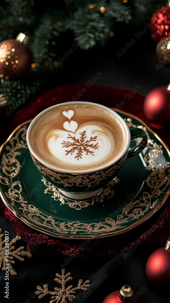 Christmas cup of coffee with latte art on a festive set table, maximalist, flat lay, luxury, red, green, gold colors Christmas cup of coffee with latte art on a festive set table, maximalist, flat lay, luxury, red, green, gold colors