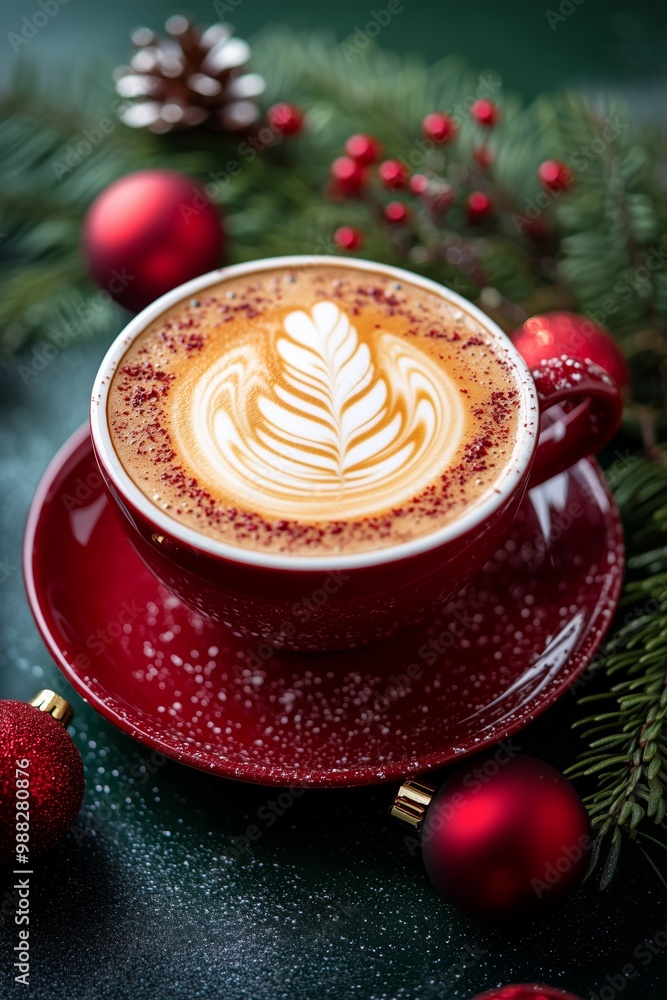 Christmas cup of coffee with latte art on a festive set table, maximalist, flat lay, luxury, red, green, gold colors Christmas cup of coffee with latte art on a festive set table, maximalist, flat lay, luxury, red, green, gold colors