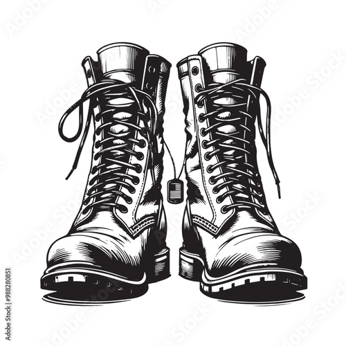 Sketch A pair of military boots on a white background. Vector illustration