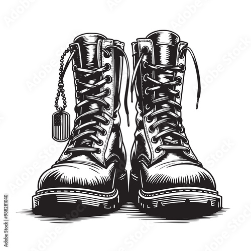 Sketch a pair of military boots with a tag on the side Vector illustration