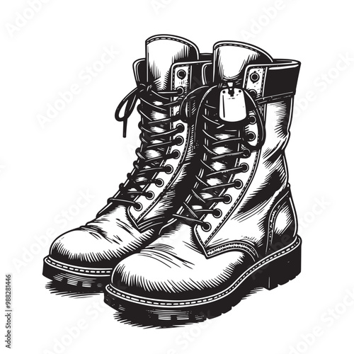 Sketch A pair of military boots on a white background. Vector illustration
