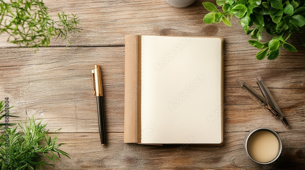 Blank Notebook on Rustic Wooden Desk with Greenery Blank Notebook on Rustic Wooden Desk with Greenery