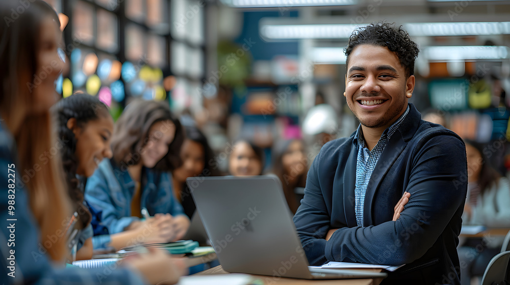 High school diverse happy smiling students at the lesson in modern classroom with laptop listening a male teacher standing back during a lesson. Education and knowledge concept. Ban High school diverse happy smiling students at the lesson in modern classroom with laptop listening a male teacher standing back during a lesson. Education and knowledge concept. Ban