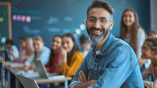 High school diverse happy smiling students at the lesson in modern classroom with laptop listening a male teacher standing back during a lesson. Education and knowledge concept. Ban