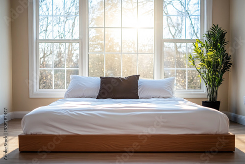 Bright and airy bedroom with natural light shining through large windows at dawn